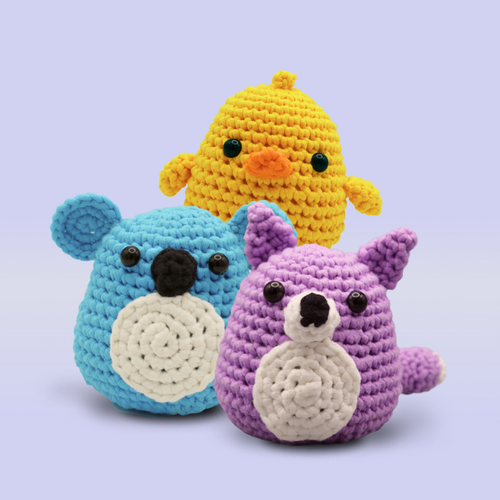 Trio Maravilha — três kits Snugbuns: Wolfie, Chick e Kolin